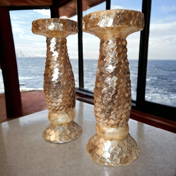 RARE Capiz Shell Candle Stands - Set of 2 - Picture 7 of 8